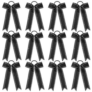 imageDEEKA Long Tail Rhinestones Cheer Bows 12 PCS Collegiate Style Full Rhinestone Skinny Ponytail Holder Handmade for Girls Teens Cheerleader Sports PurpleBlack
