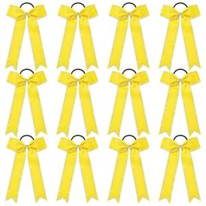 imageDEEKA Long Tail Rhinestones Cheer Bows 12 PCS Collegiate Style Full Rhinestone Skinny Ponytail Holder Handmade for Girls Teens Cheerleader Sports PurpleYellow