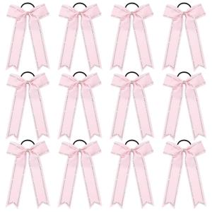 imageDEEKA Long Tail Rhinestones Cheer Bows 12 PCS Collegiate Style Full Rhinestone Skinny Ponytail Holder Handmade for Girls Teens Cheerleader Sports PurpleLight Pink