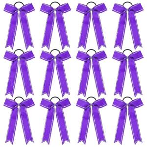 imageDEEKA Long Tail Rhinestones Cheer Bows 12 PCS Collegiate Style Full Rhinestone Skinny Ponytail Holder Handmade for Girls Teens Cheerleader Sports PurplePurple