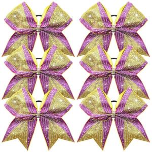 image:imageDEEKA 6 PCS Glitter Cheer Bows Rhinestone Large Stiff Competition Team Hair Bows Elastic Band Holder for Cheerleader Softball Football Girls BlackGoldWhitePurpleGold