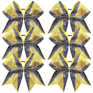 image:imageDEEKA 6 PCS Glitter Cheer Bows Rhinestone Large Stiff Competition Team Hair Bows Elastic Band Holder for Cheerleader Softball Football Girls BlackGoldWhiteNavyGold