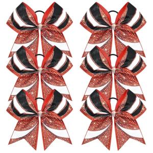 image:imageDEEKA 6 PCS Glitter Cheer Bows Rhinestone Large Stiff Competition Team Hair Bows Elastic Band Holder for Cheerleader Softball Football Girls BlackGoldWhiteRedBlackWhite