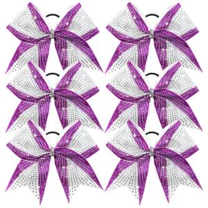 image:imageDEEKA 6 PCS Glitter Cheer Bows Rhinestone Large Stiff Competition Team Hair Bows Elastic Band Holder for Cheerleader Softball Football Girls BlackGoldWhitePurpleWhite