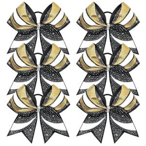 image:imageDEEKA 6 PCS Glitter Cheer Bows Rhinestone Large Stiff Competition Team Hair Bows Elastic Band Holder for Cheerleader Softball Football Girls BlackGoldWhiteBlackGoldWhite
