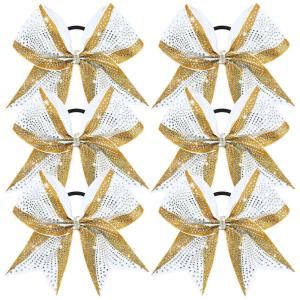 image:imageDEEKA 6 PCS Glitter Cheer Bows Rhinestone Large Stiff Competition Team Hair Bows Elastic Band Holder for Cheerleader Softball Football Girls BlackGoldWhiteGoldWhite
