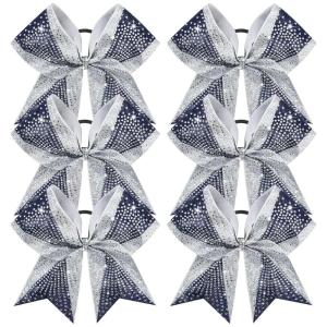 image:imageDEEKA 6 PCS Glitter Cheer Bows Rhinestone Large Stiff Competition Team Hair Bows Elastic Band Holder for Cheerleader Softball Football Girls BlackGoldWhiteSilverNavy Blue