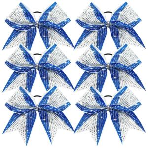 image:imageDEEKA 6 PCS Glitter Cheer Bows Rhinestone Large Stiff Competition Team Hair Bows Elastic Band Holder for Cheerleader Softball Football Girls BlackGoldWhiteRoyal BlueWhite