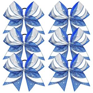 image:imageDEEKA 6 PCS Glitter Cheer Bows Rhinestone Large Stiff Competition Team Hair Bows Elastic Band Holder for Cheerleader Softball Football Girls BlackGoldWhiteRoyal BlueSilverWhite