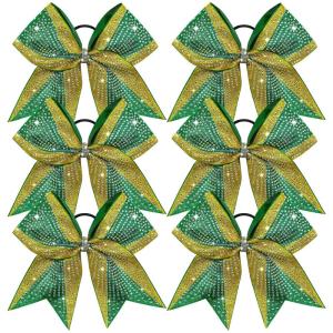 image:imageDEEKA 6 PCS Glitter Cheer Bows Rhinestone Large Stiff Competition Team Hair Bows Elastic Band Holder for Cheerleader Softball Football Girls BlackGoldWhiteGreenGold