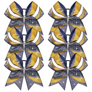 image:imageDEEKA 6 PCS Glitter Cheer Bows Rhinestone Large Stiff Competition Team Hair Bows Elastic Band Holder for Cheerleader Softball Football Girls BlackGoldWhiteNavy BlueGoldWhite