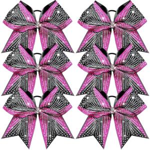 image:imageDEEKA 6 PCS Glitter Cheer Bows Rhinestone Large Stiff Competition Team Hair Bows Elastic Band Holder for Cheerleader Softball Football Girls BlackGoldWhitePinkBlack